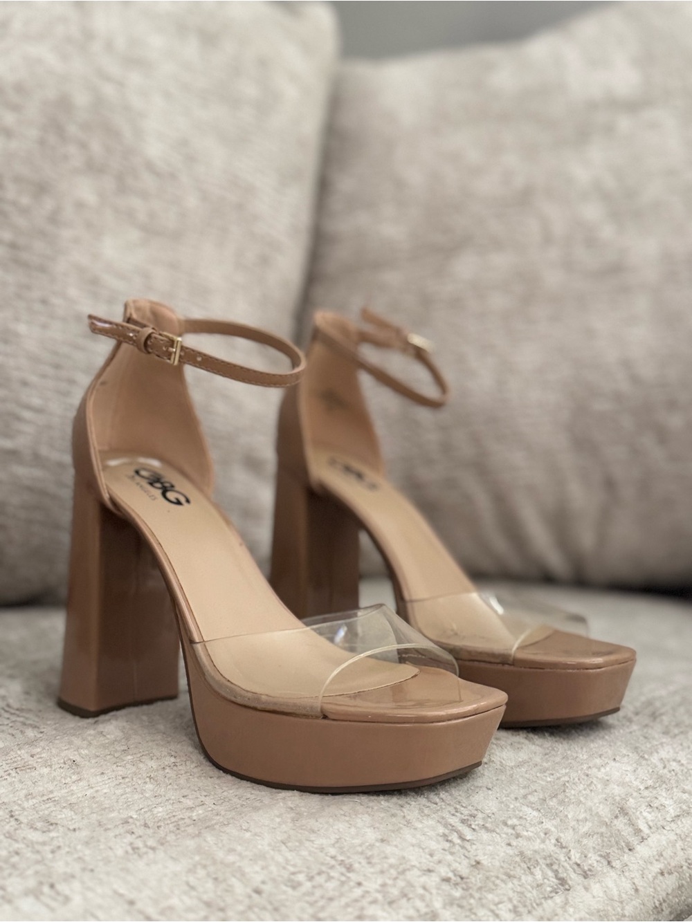 Women's Tan Block Heel Platform  with Clear Strap